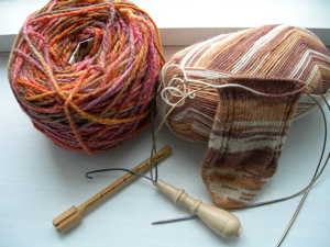 Sock, yarn, and tools.
